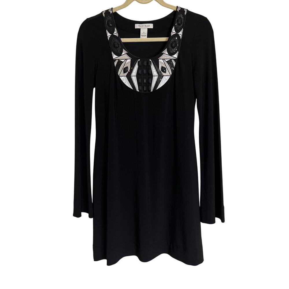 White House Black Market Black Dress S Embellished Neck‎ Long Sleeve Shift